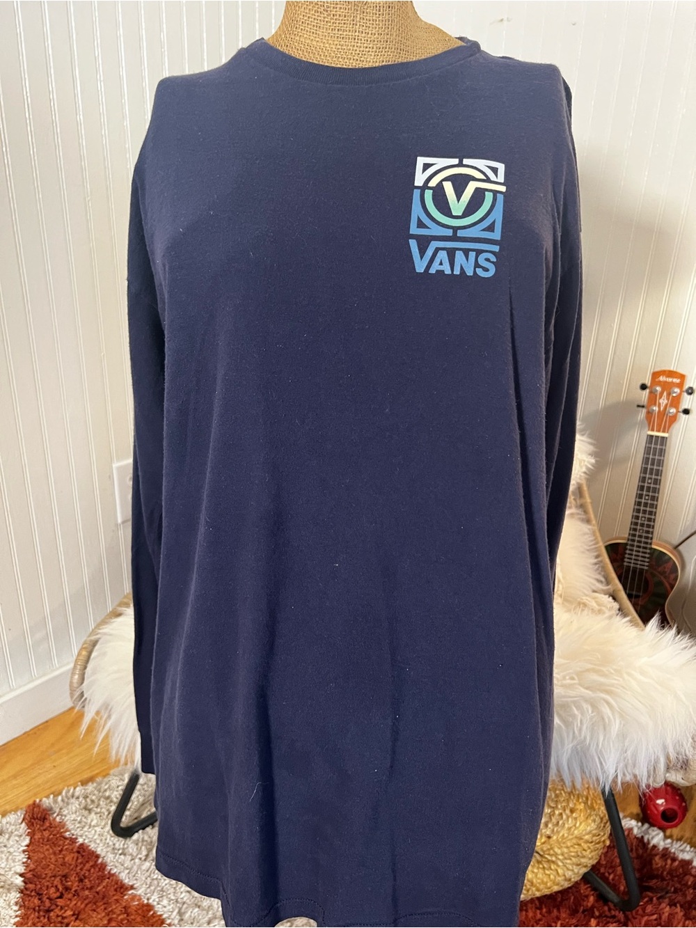 Vans Navy Long Sleeve Tee with Blue Logo